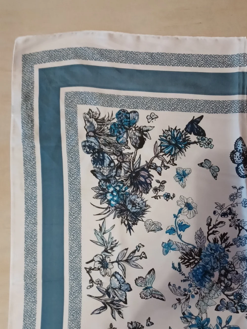 Floral and Butterfly Print Satin Square Scarf Blue White Cottagecore Boho 27×27